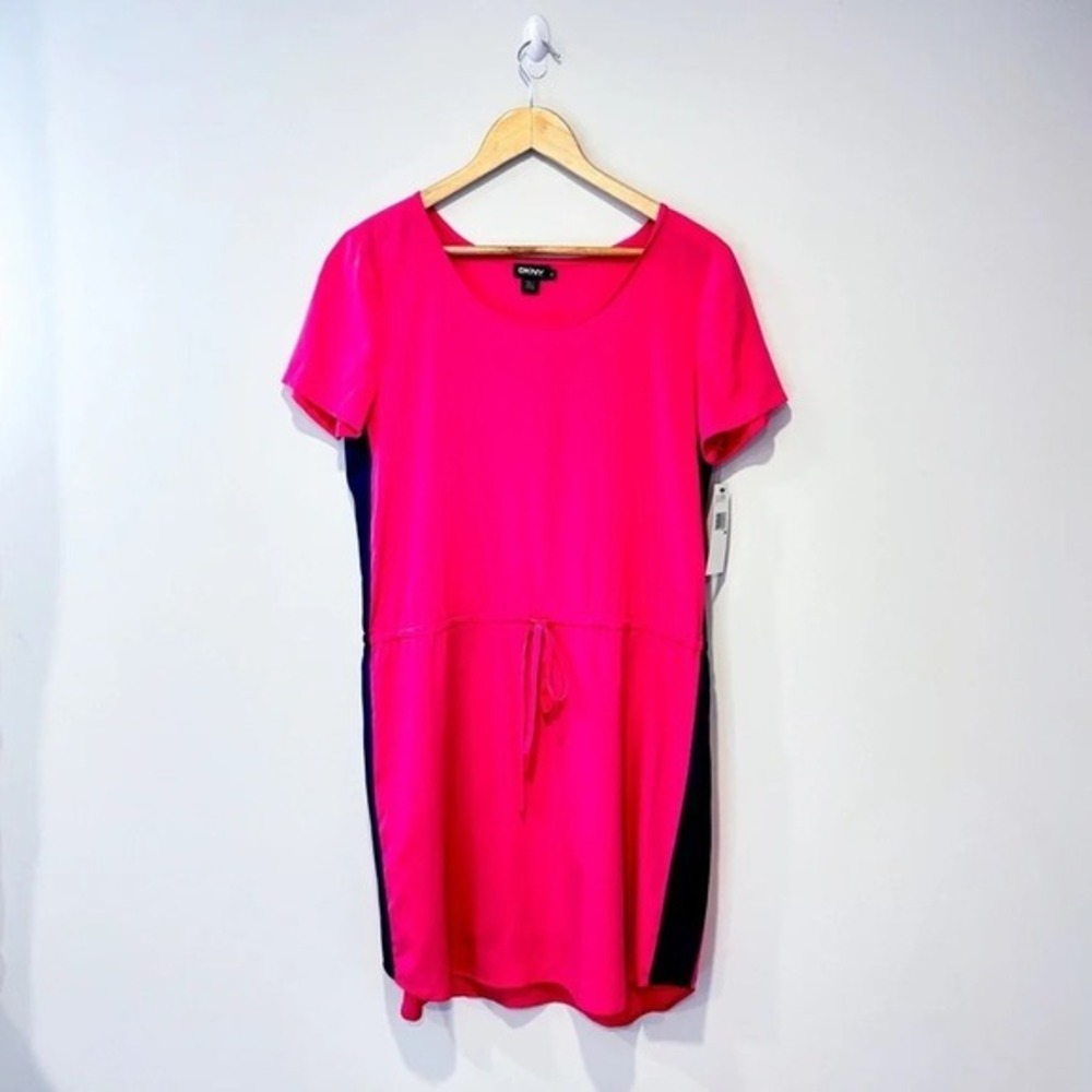 DKNYC Hot Pink Silk Stretch Drawstring Waist Short Sleeve Dress Medium